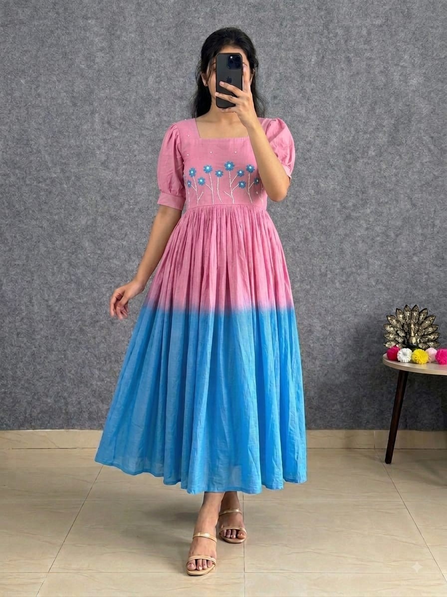 Soft Mul Cotton Ombre Gown with Pearl & Thread Handwork